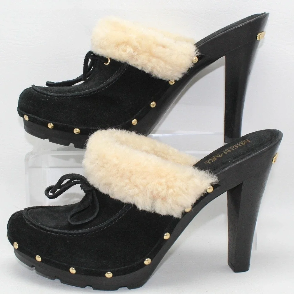 Michael Kors Black Suede‎ Shearling Trim Studded Platform Clogs Heels 8.5M NWOB